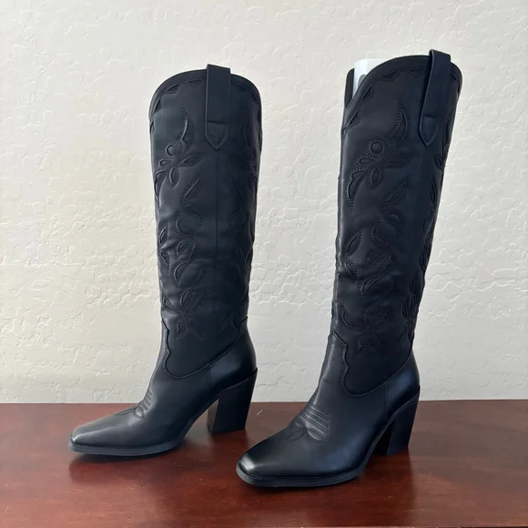 ISNOM Western Knee High Boots Embroidered Block Heel Black US 6.5 New with Box - Picture 4 of 15
